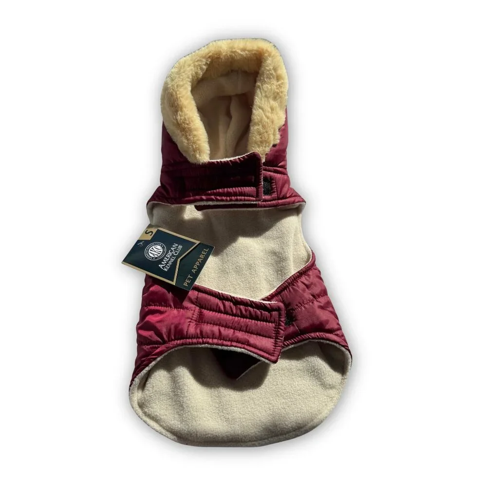 American Kennel Club Quilted Puff Burgundy Fleece Lined Dog Coat with Hood NEW